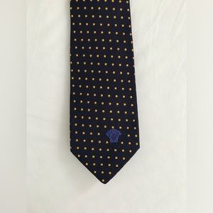 Versace Men’s Necktie in Dark Blue With Yellow Polka Dot 100% Silk